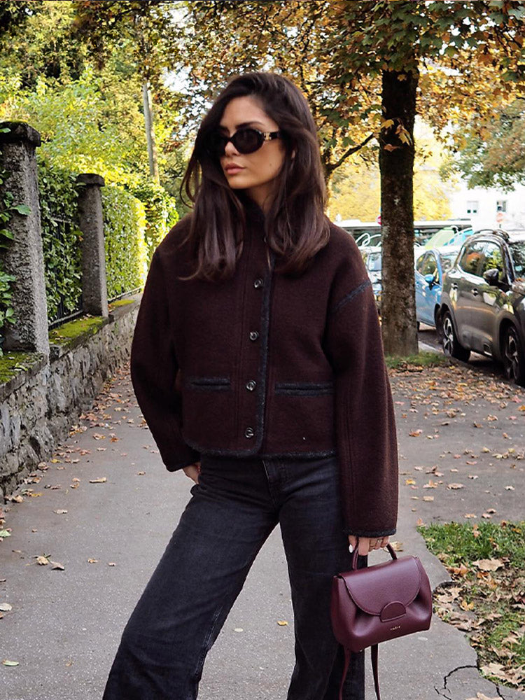 Retro Fall Winter Long Stand Singlebreasted Loose Elegant Office Lady Coat