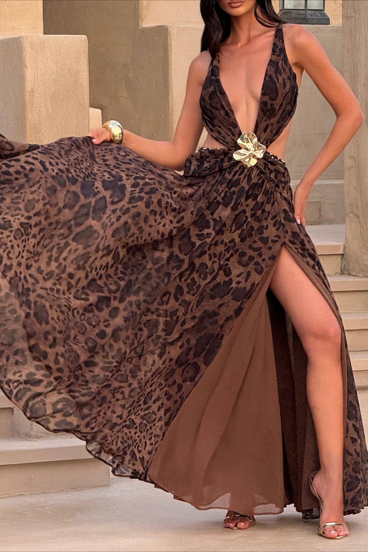 Plunging V Neck Halter Cut Out Waist Buckle High Slit Maxi Dress 6