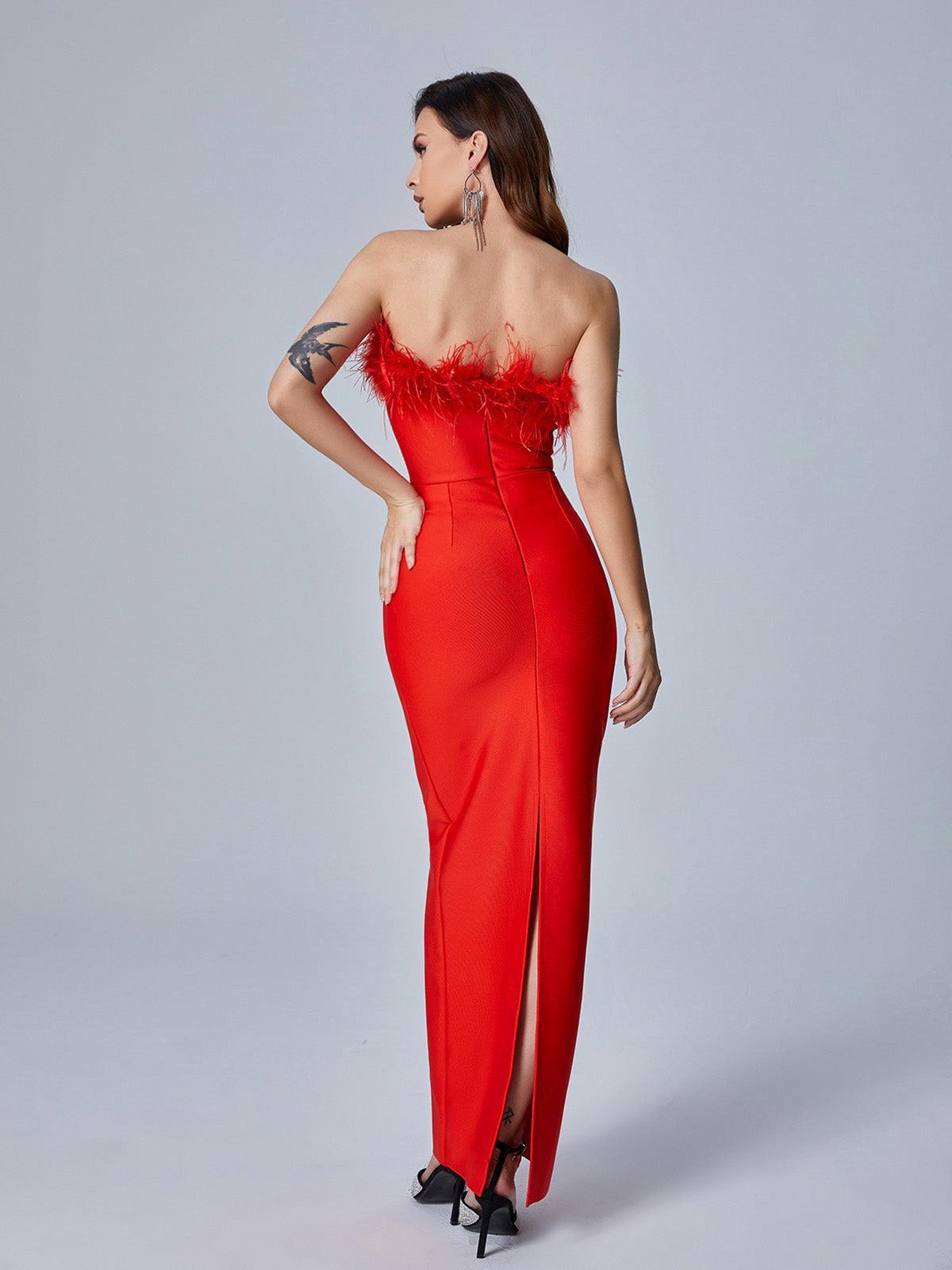 Strapless Feather Trim Bandage Bodycon Maxi Dress