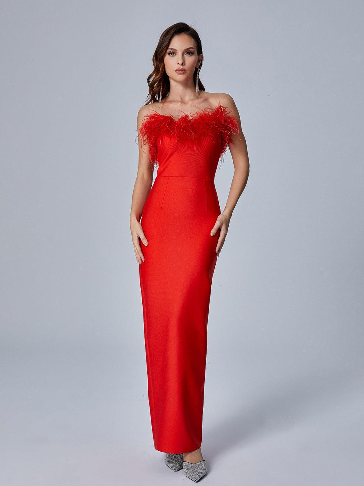 Strapless Feather Trim Bandage Bodycon Maxi Dress