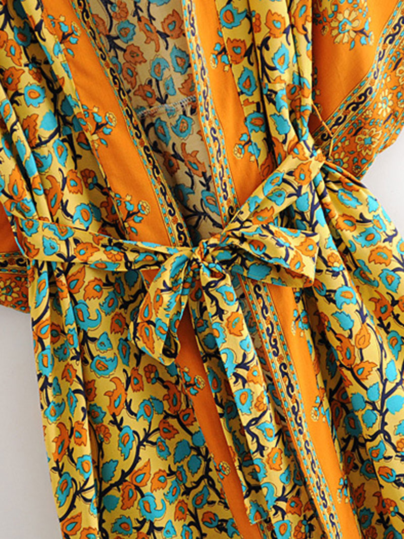 Orange Bohemian Floral Border Print Open Front Long Kimono Robe 9