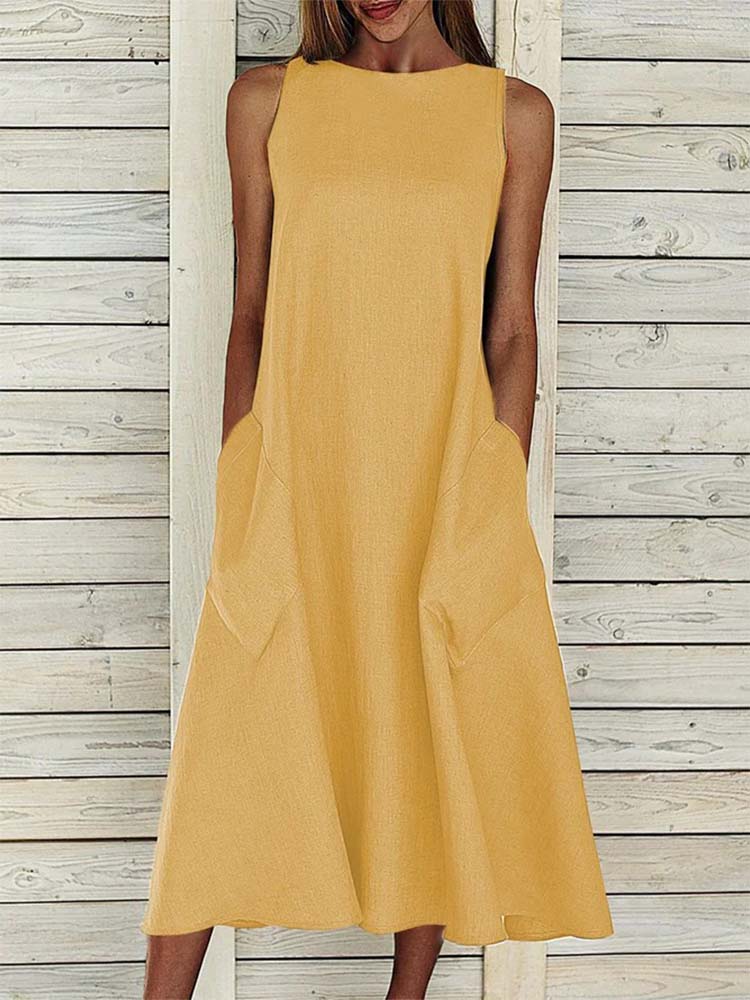 Summer Crew Neck Solid Cotton Blend Sleeveless Pocket Dress