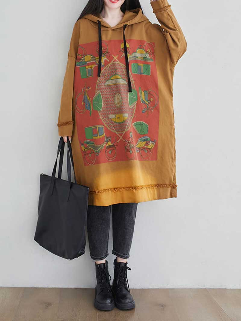 Hooded Graphic Print Frayed Hem Oversized Sweatshirt Midi Dress