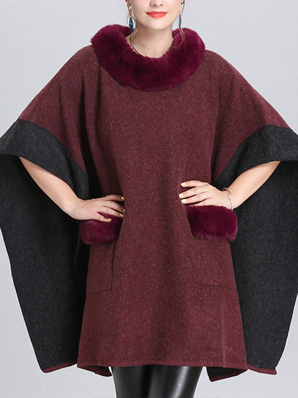 Faux Fur Collar Contrast Trim Pocket Knit Cape