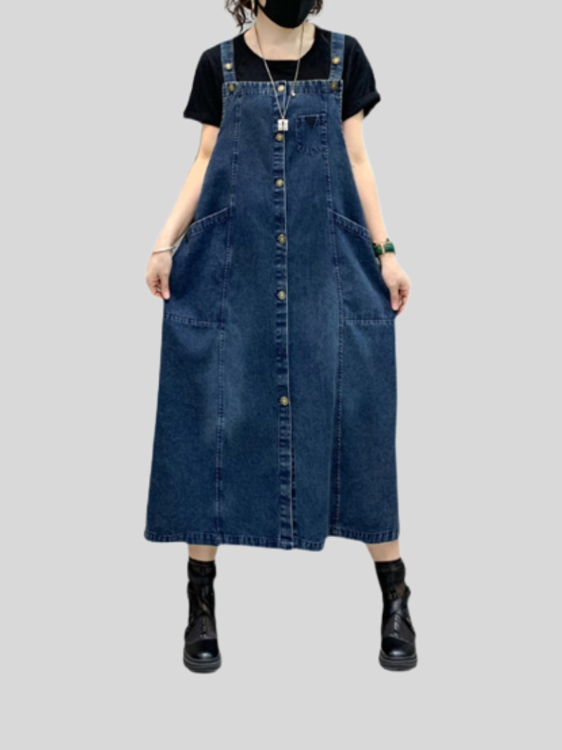Strap Button Front Pocket Denim Pinafore A-Line Midi Dress 5