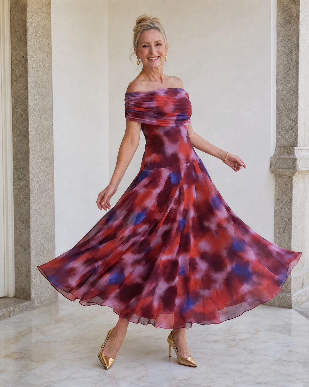 Multicolor Off-Shoulder Ruched Watercolor Print Pleated A-Line Midi Dress