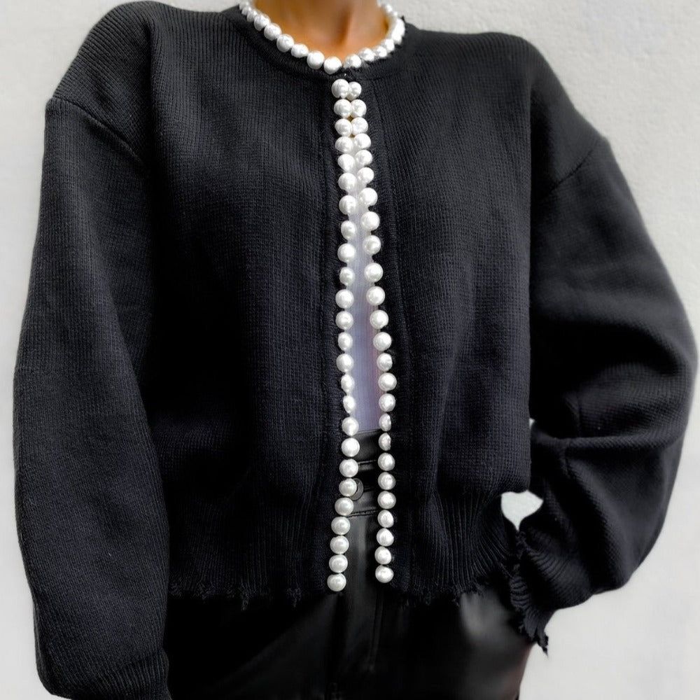 Round Neck Pearl Trim Long Sleeve Knit Cardigan