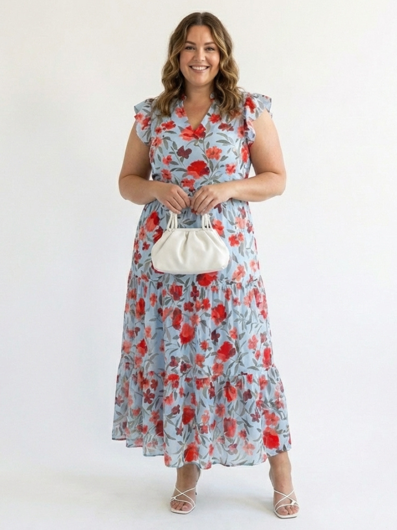 Split Neck Floral Print Ruffle Sleeve Tiered A-Line Maxi Dress