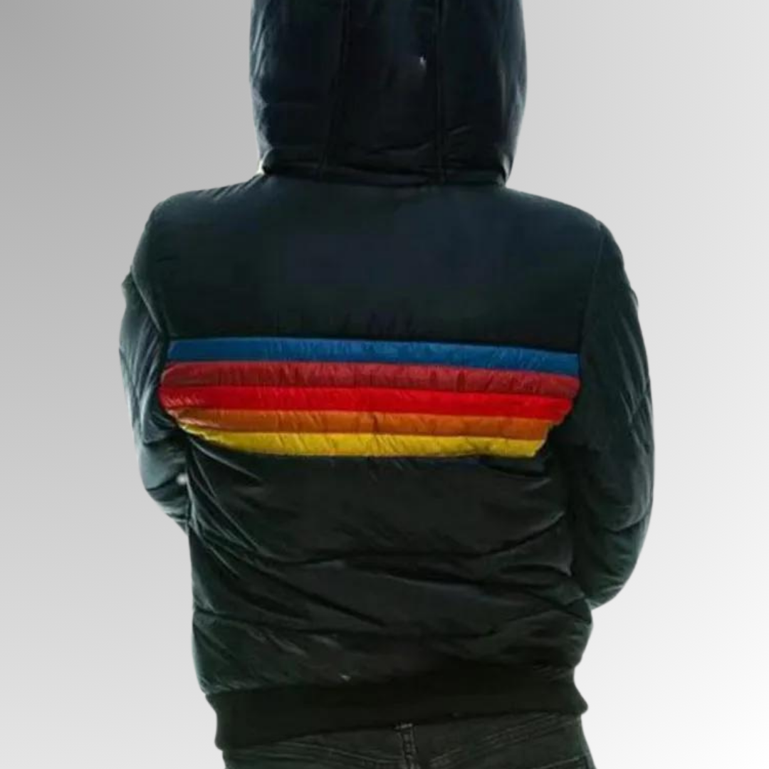 Hooded Zip-Up Colorblock Striped Puffer Jacket 9