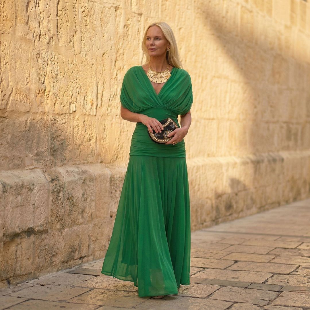 Kelly Green V-Neck Draped Chiffon Ruched Waist Flowy Maxi Gown