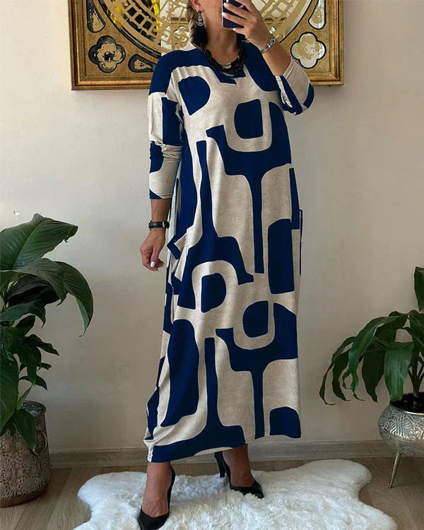 Simona Minimalist Long Sleeve Dress with Print Designer Edit