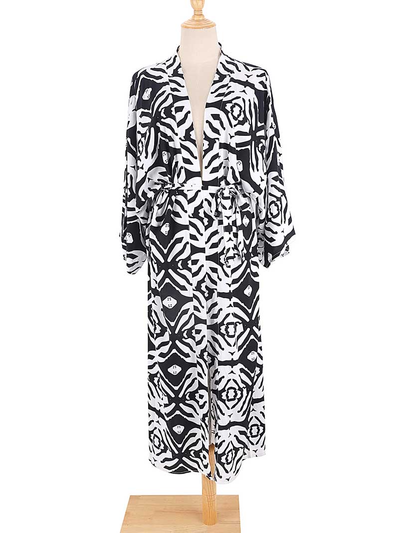 Open Front Abstract Print Belted Long Kimono Robe