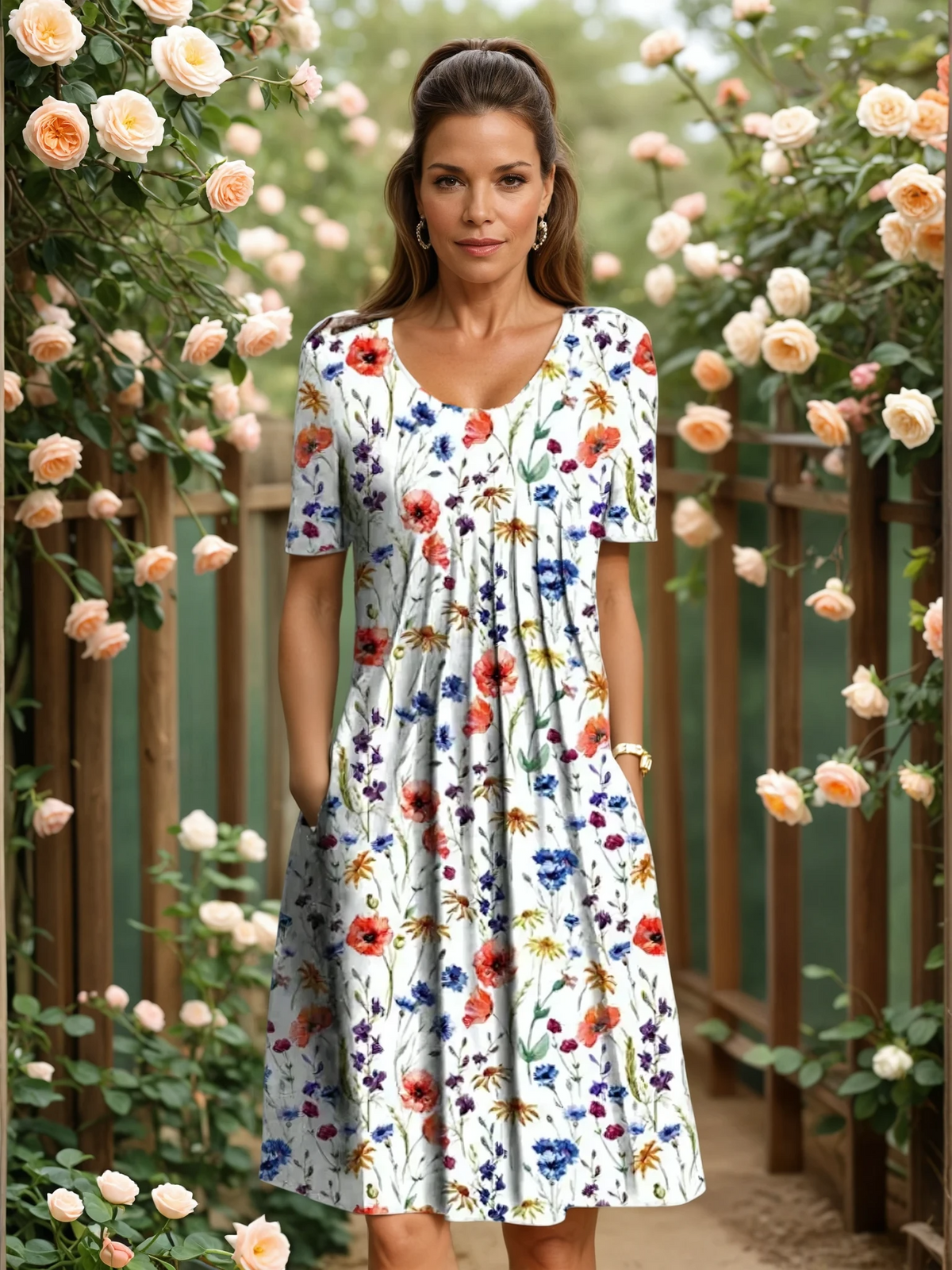 Scoop Neck Short Sleeve Wildflower Floral Pleated A-Line Midi Dress