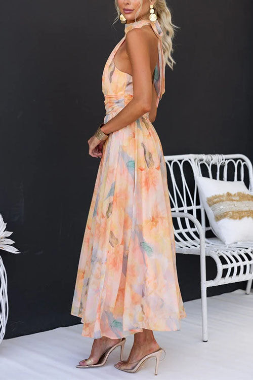 Peach Halter Neck Watercolor Print Sleeveless Chiffon Ruched A-Line Maxi Dress