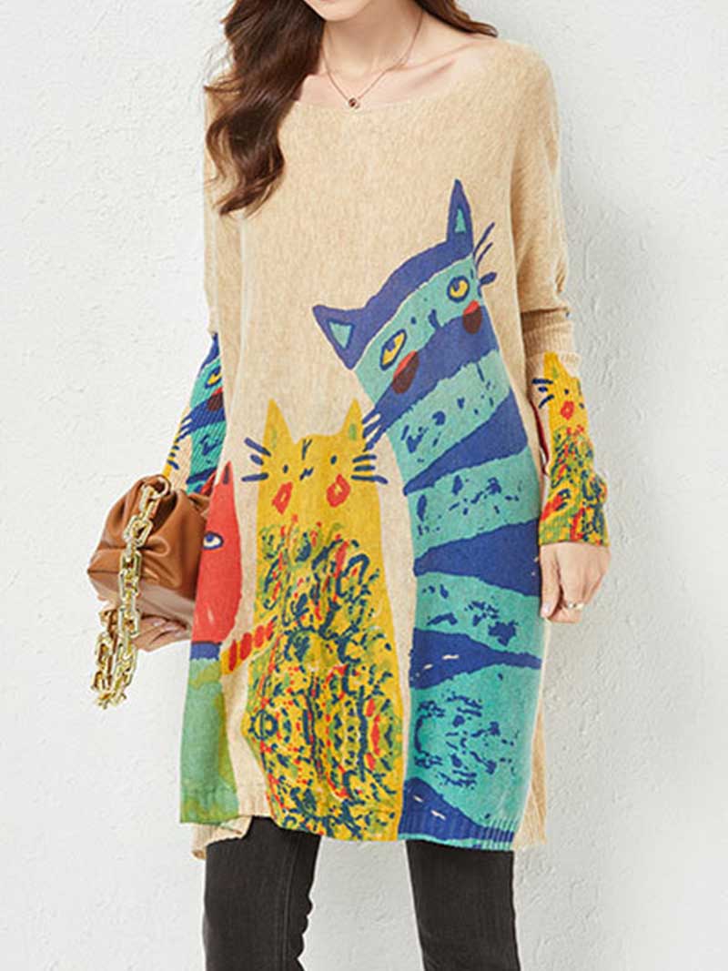 Khaki Scoop Neck Cat Print Long Sleeve Knit Tunic Sweater