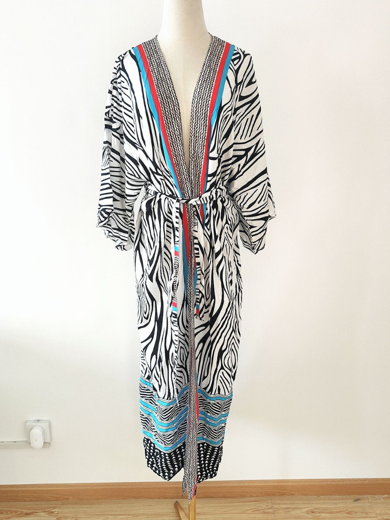 Multi Color Zebra Stripe Print Bordered Tie Waist Long Kimono Robe 4