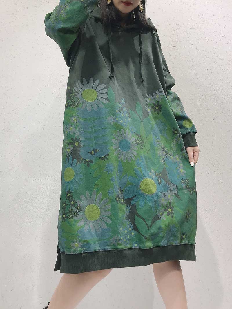 Hooded Floral Print Long Sleeve Oversized Sweatshirt Midi Dress 5