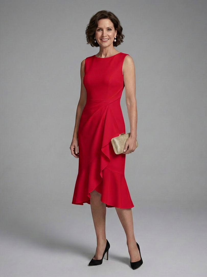 Boat Neck Ruched Asymmetric Ruffle Hem Mermaid Midi Dress 2