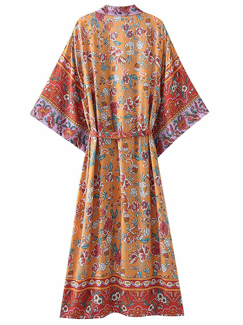 Orange Bohemian Floral Border Print Tie Waist Long Kimono Robe 2