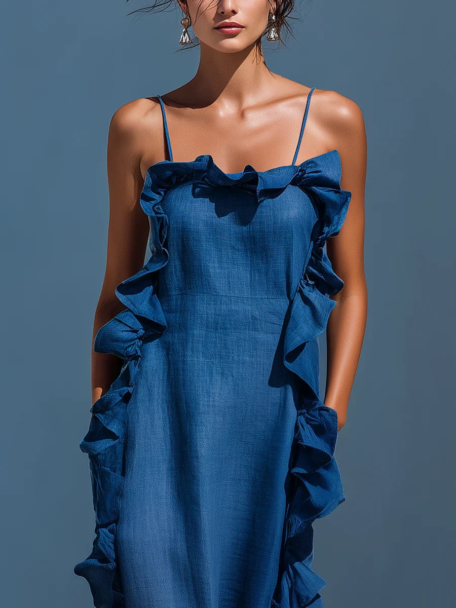 Blue Spaghetti Strap Cascade Ruffle Trim Column Maxi Dress