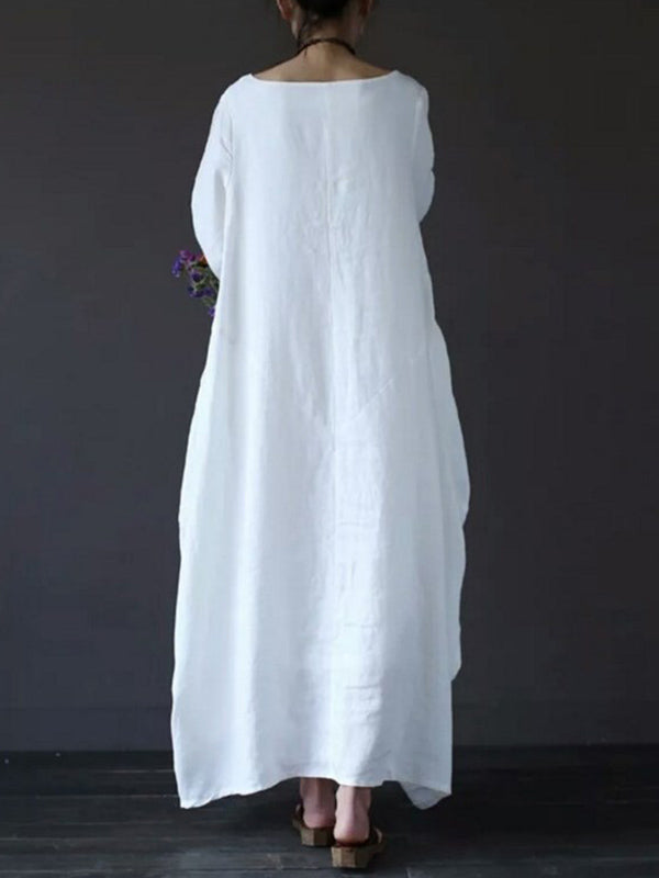 Round Neck Long Sleeve Linen Loose Cocoon Maxi Dress
