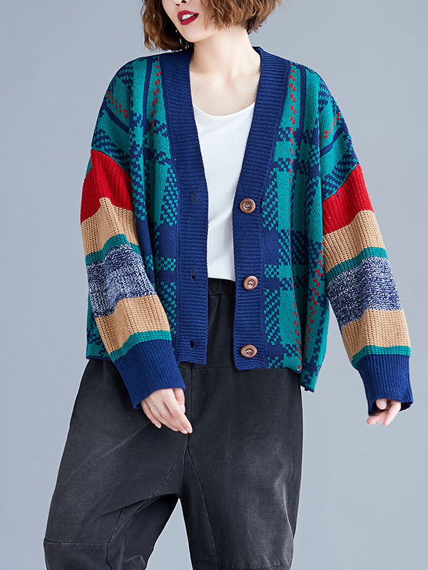Green V-Neck Button Front Plaid Knit Striped Sleeve Cardigan