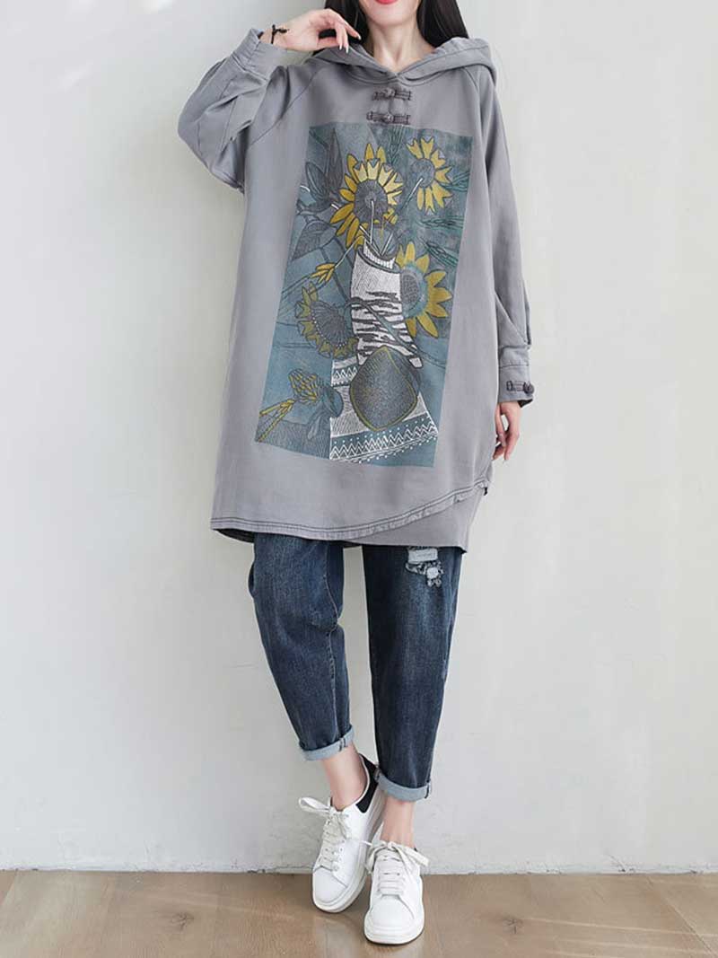 Hooded Floral Graphic Print Longline Sweatshirt Hoodie