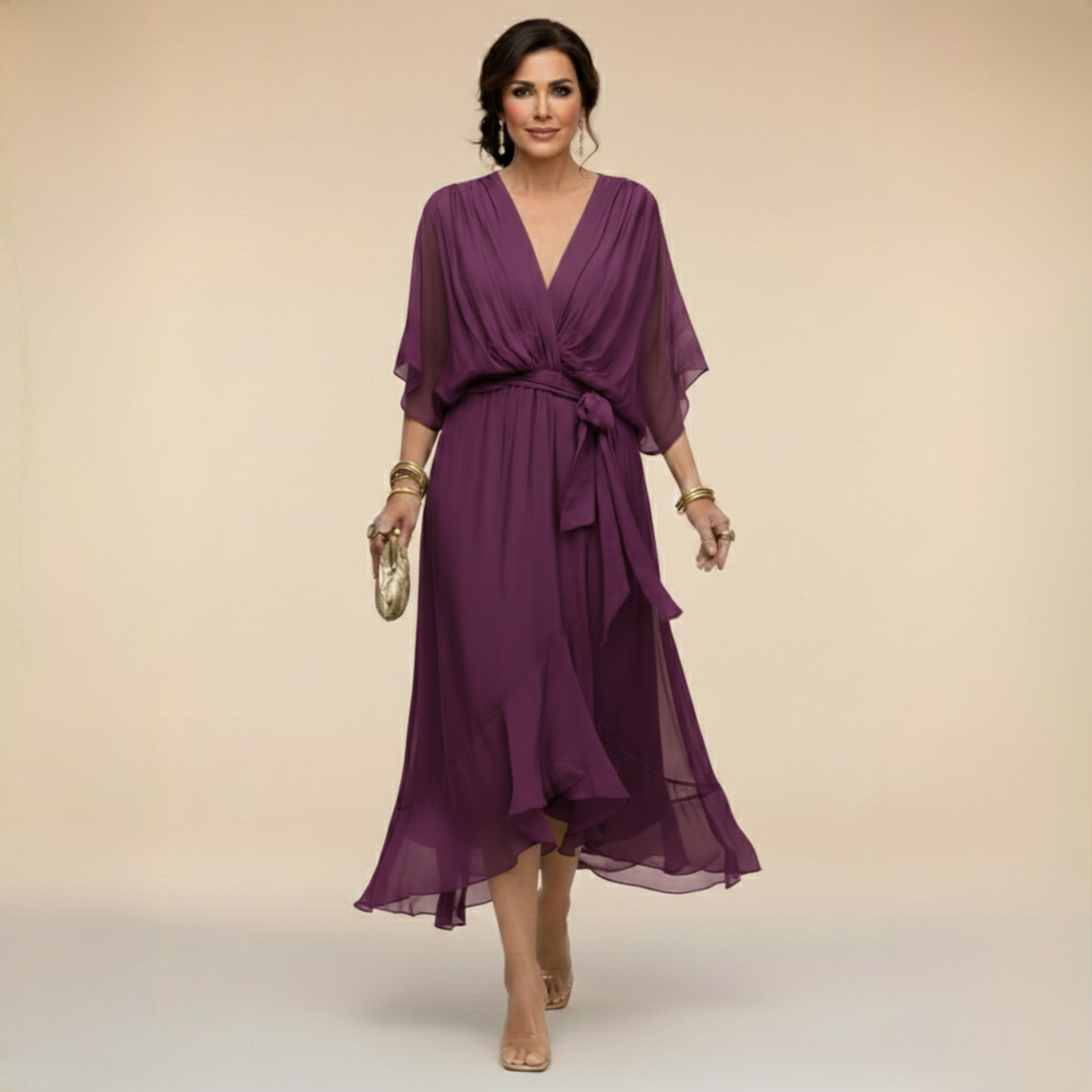 V-Neck Chiffon Batwing Sleeve Tie Waist Ruffle Hem Midi Dress