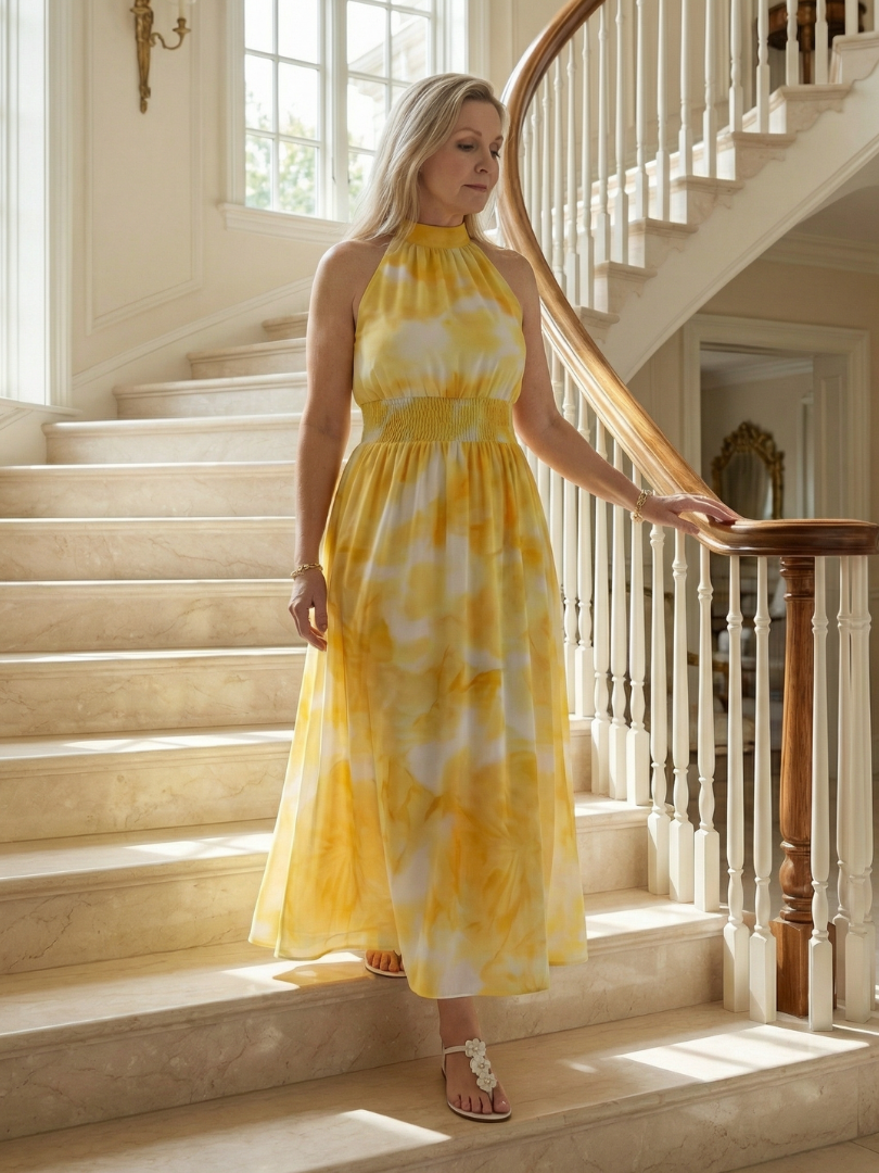 Halter High Neck Sleeveless Tie-Dye Print Shirred Waist Maxi Dress