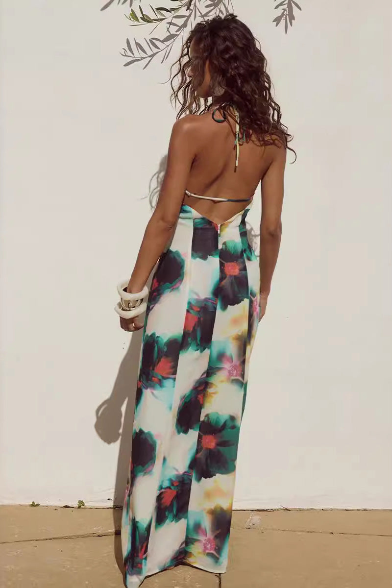 Paola Statement Resort Style Halter Neck Maxi Dress with Tie Belt Occasion Edit