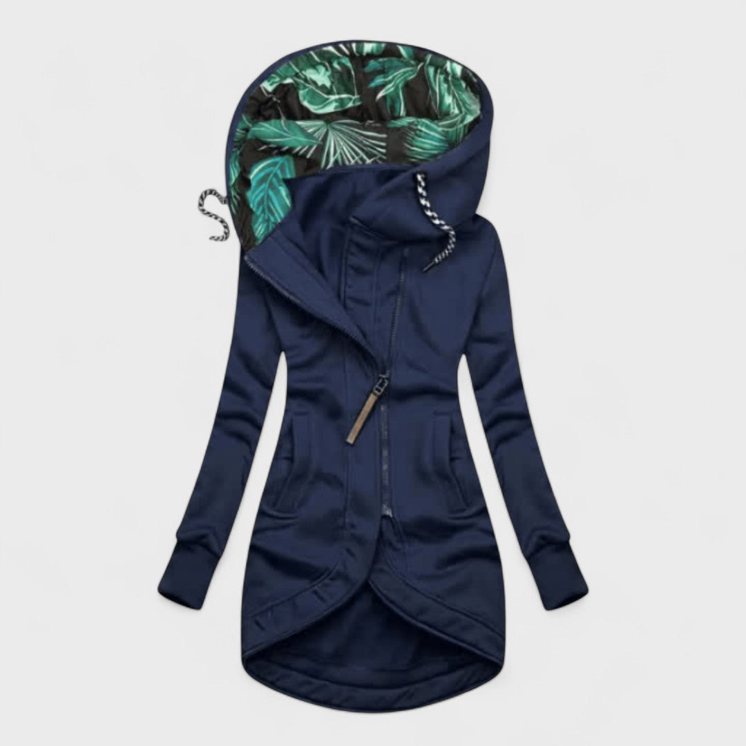 Hooded Asymmetric Zip Leaf-Lined Curved Hem Fleece Jacket