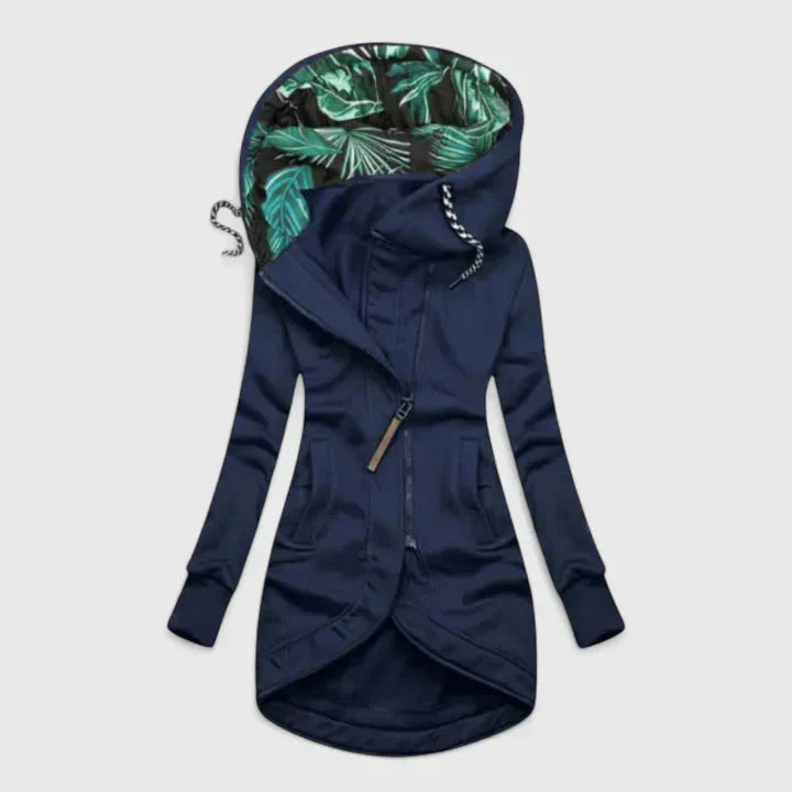 Zip Front Tropical Leaf Lined Hood Asymmetric Hem Hoodie