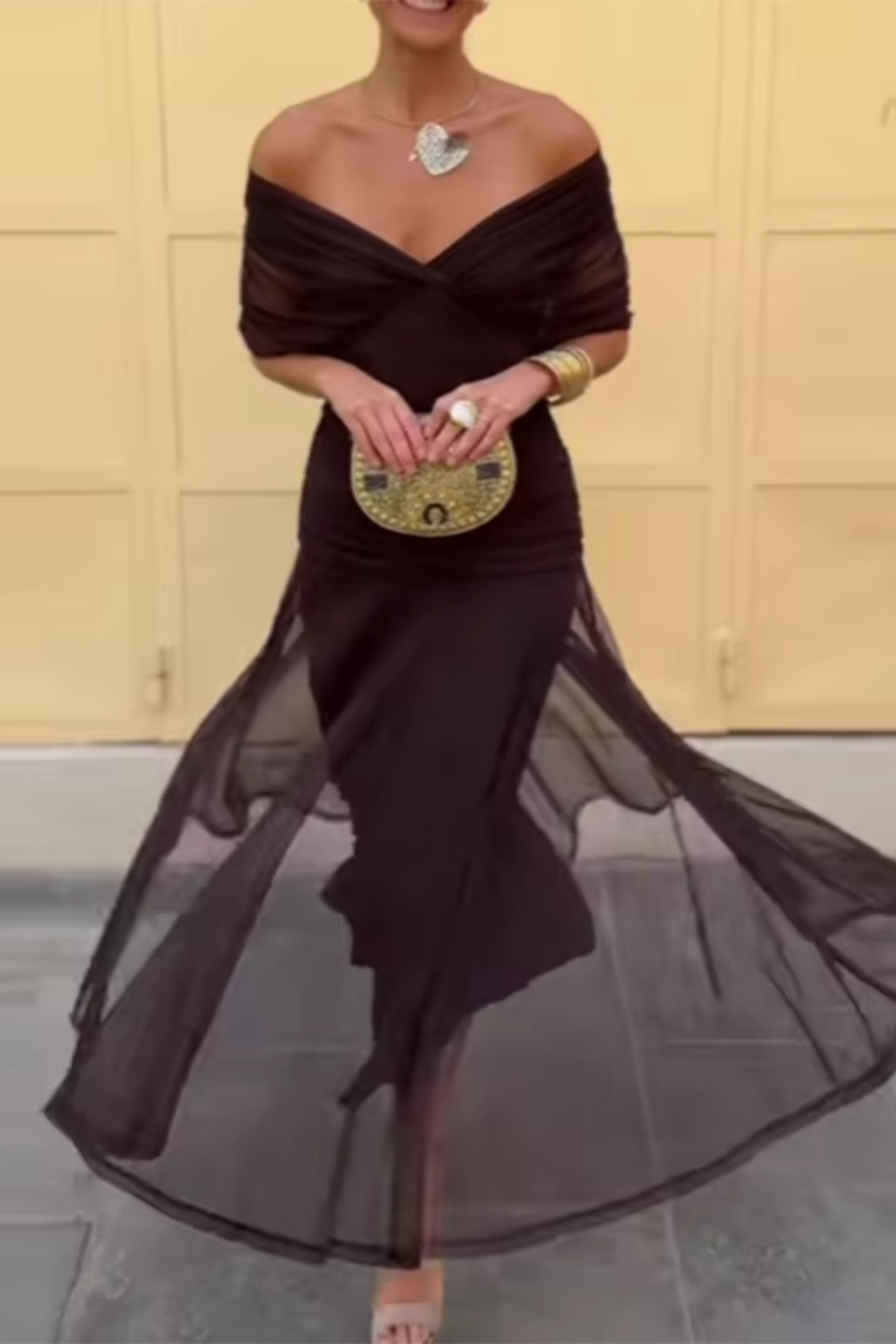 V-Neck Wrap Ruched Mesh Flutter Sleeve Flowing Maxi Dress