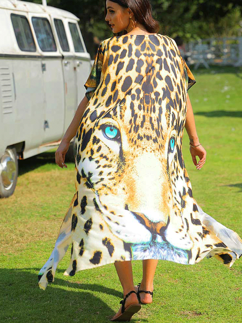 Yellow Leopard Leopard Print Open Front Long Length Duster Kimono