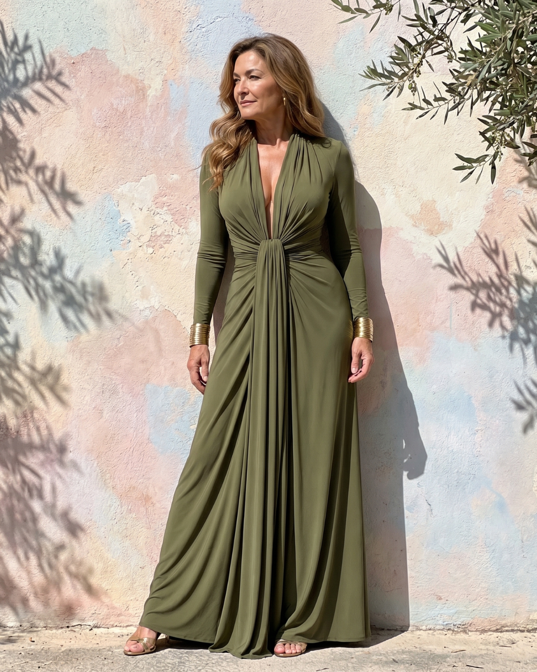 Green Plunge V-Neck Long Sleeve Draped Twist Front Maxi Gown