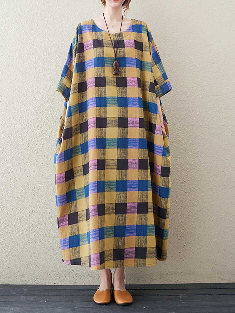 Multicolor Round Neck Plaid Batwing Sleeve Loose Cocoon Maxi Dress
