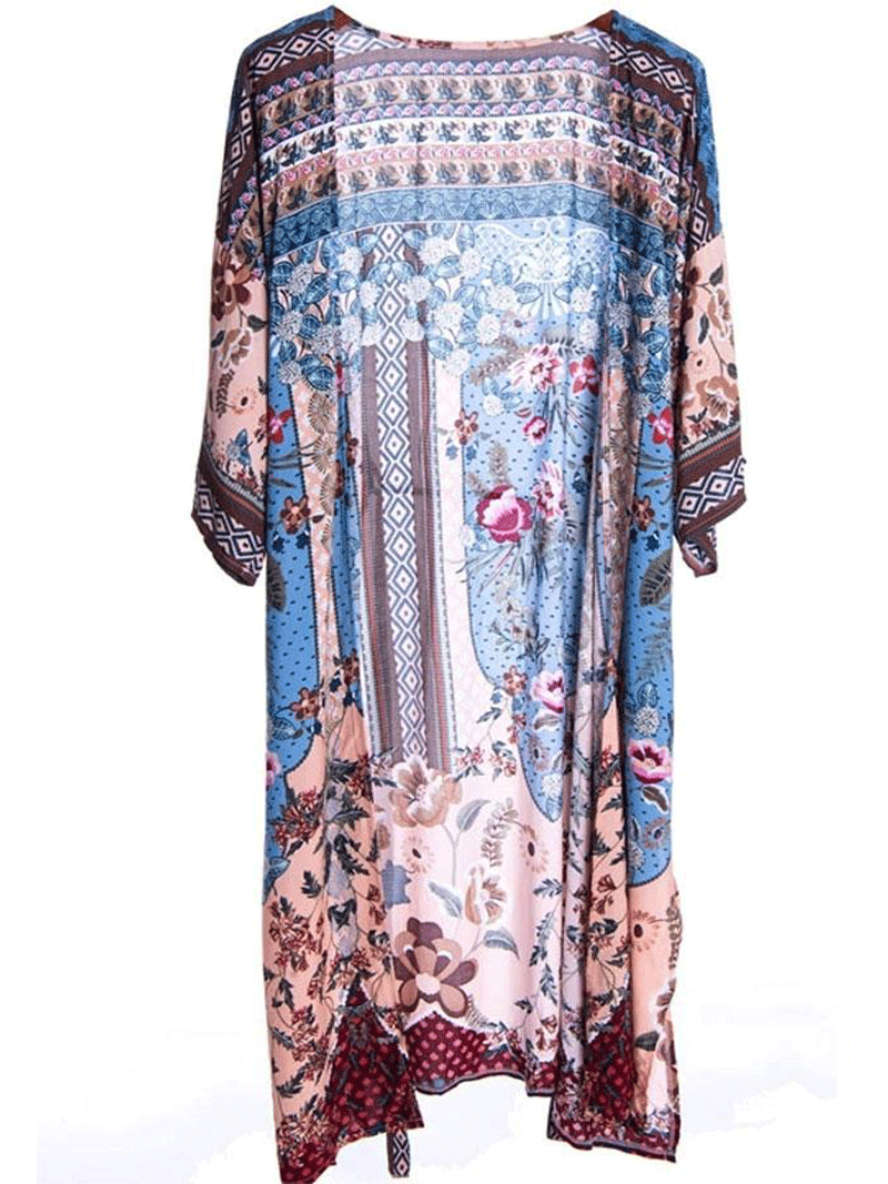 Blue Bohemian Floral Print Open Front Long Kimono