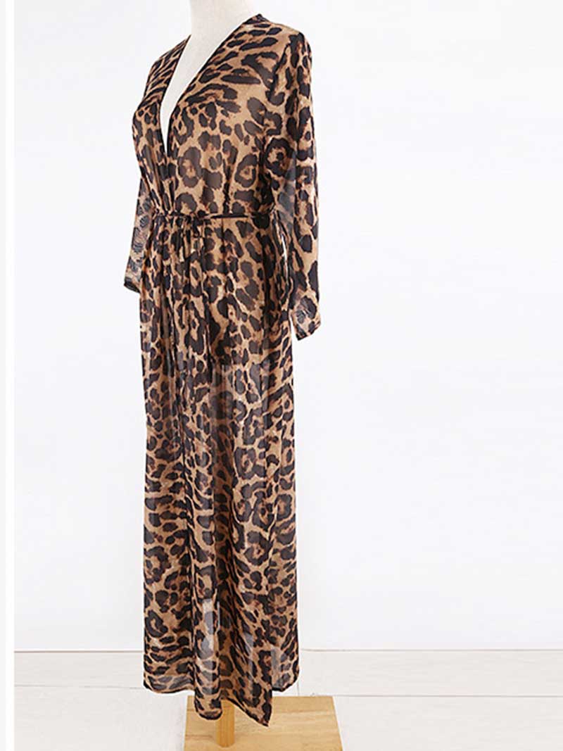 Leopard Print Leopard Print Belted Long Length Chiffon Kimono Robe