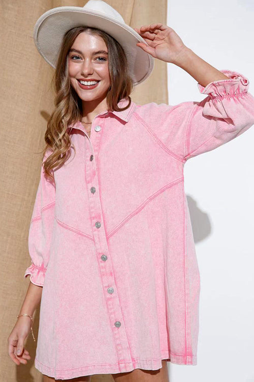 Step Out Half Sleeve Button Down Denim Mini Dress