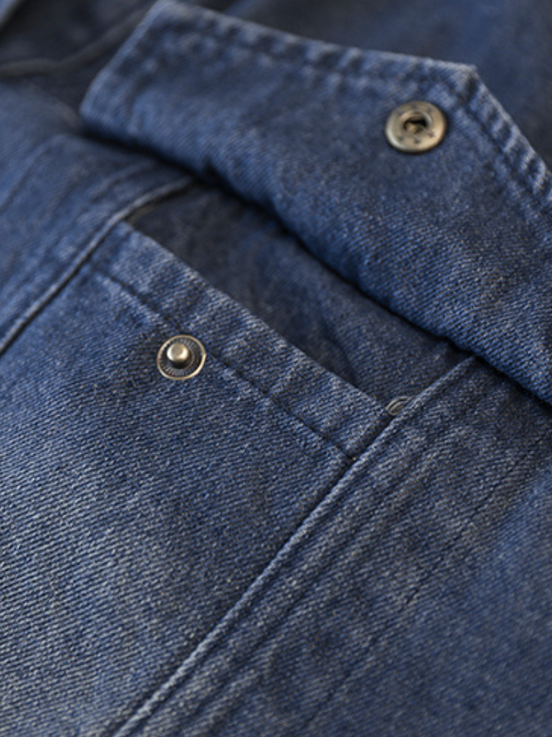 Blue Collared Button Front Flap Pocket Long Sleeve Loose Denim Jacket