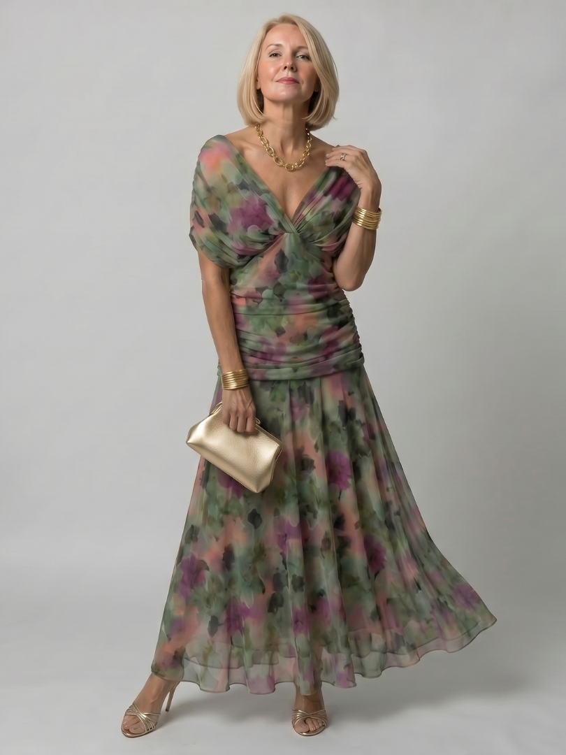 Off-Shoulder Draped Floral Chiffon Ruched Flowy Midi Dress