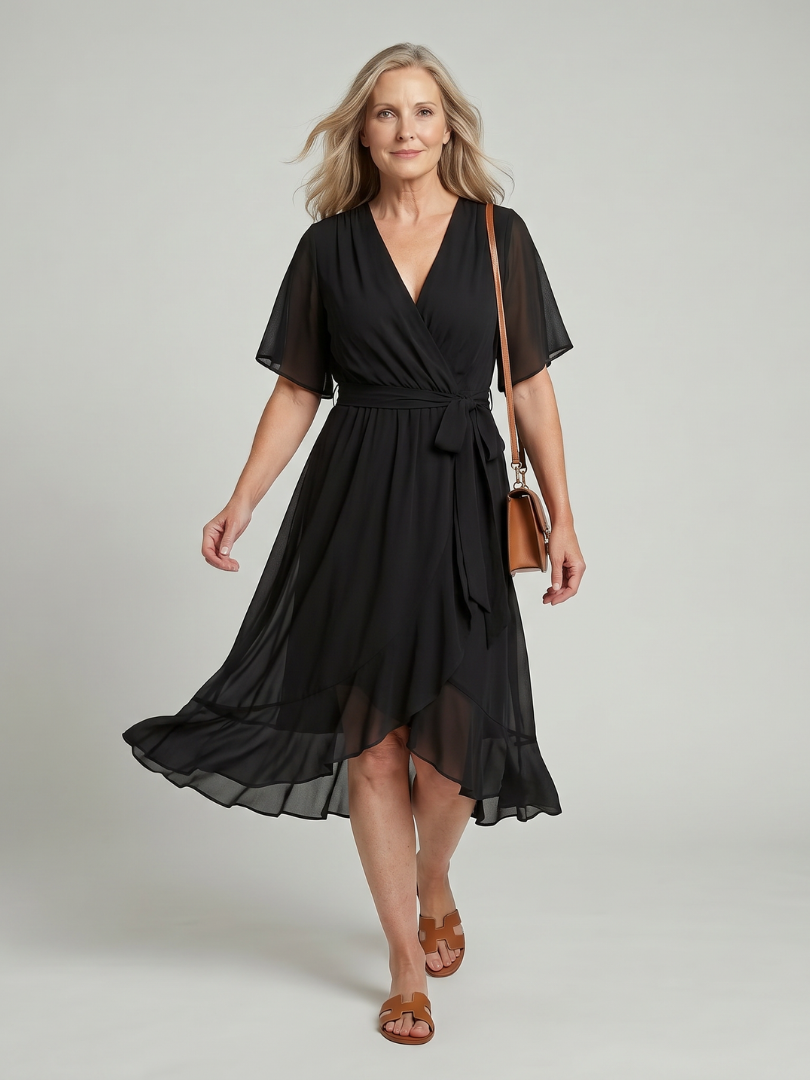V-Neck Wrap Flutter Sleeve Chiffon Tie Waist Ruffle Hem Midi Dress 4