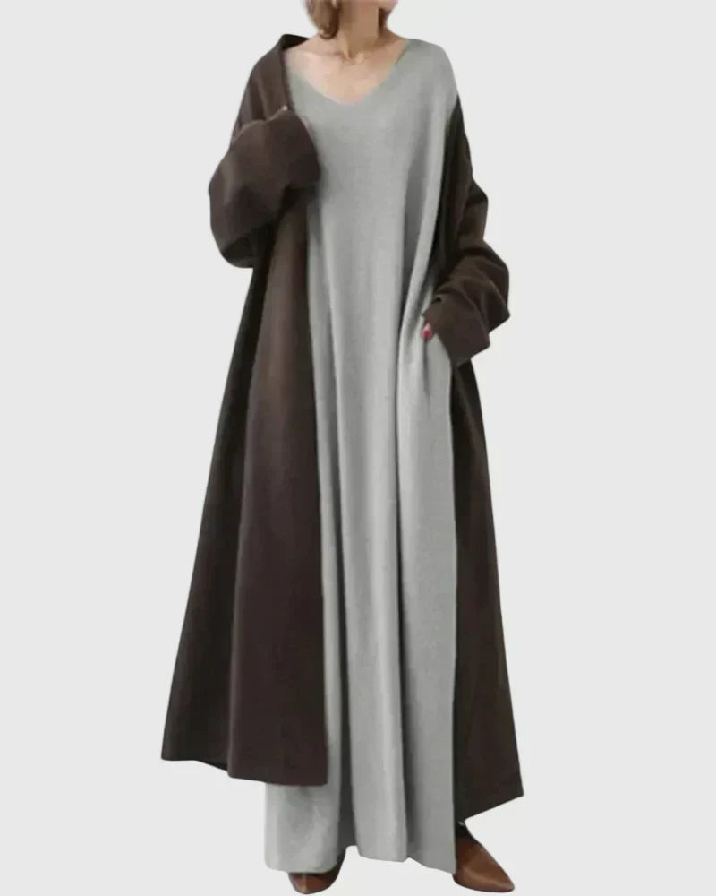 V-Neck Long Sleeve Batwing Loose Knit Side Slit Maxi Dress