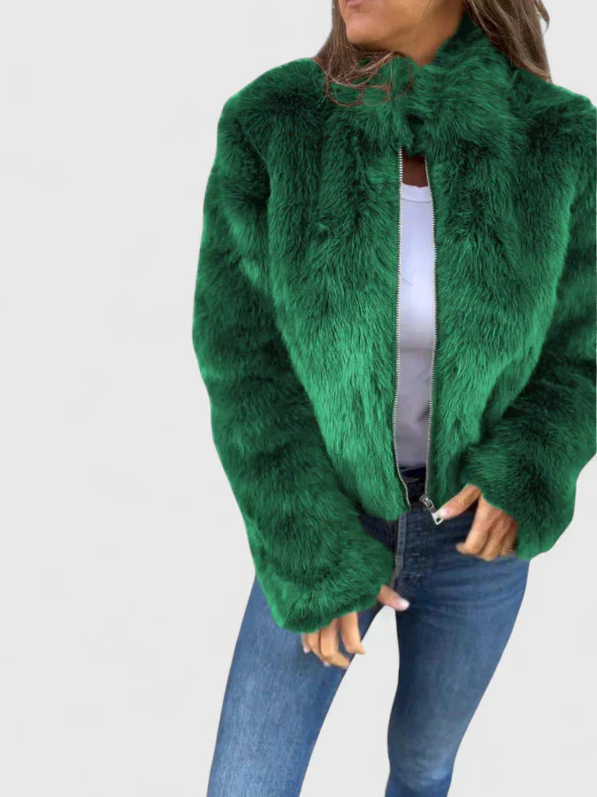 Stand Collar Faux Fur Zip Front Cropped Jacket