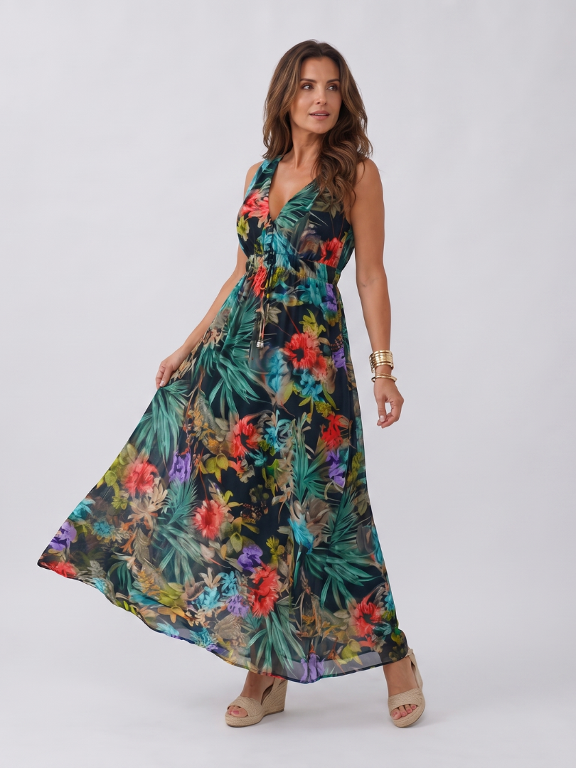 V-Neck Leaf Print Half Sleeve Crochet Trim Empire Maxi Dress 4