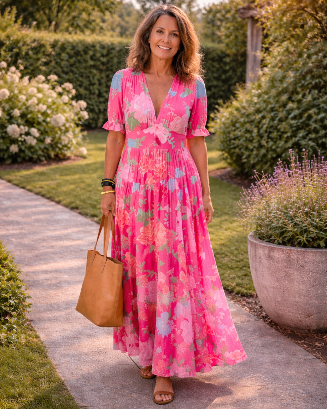 Deep V-Neck Puff Sleeve Floral Print Tiered A-Line Maxi Dress