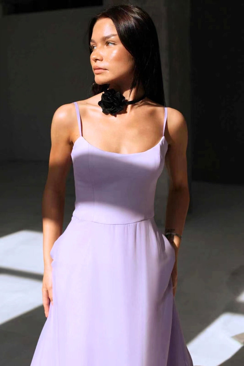 Square Neck Spaghetti Strap Ruffle Hem A-Line Midi Dress