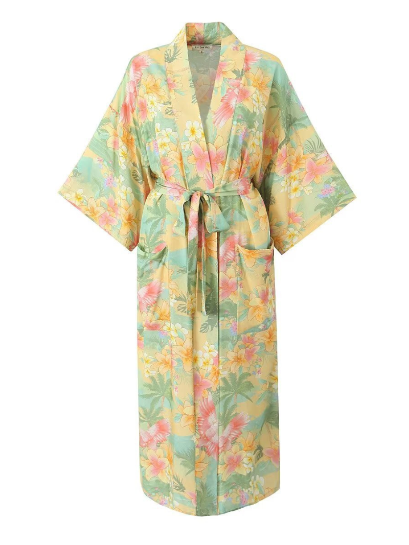 Yellow Tropical Floral Belted Short Sleeve Long Kimono Robe 2