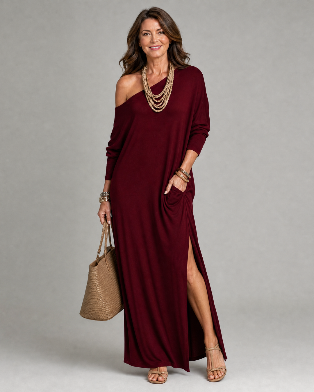 One-Shoulder Long Sleeve Jersey High Slit Relaxed Maxi Dress