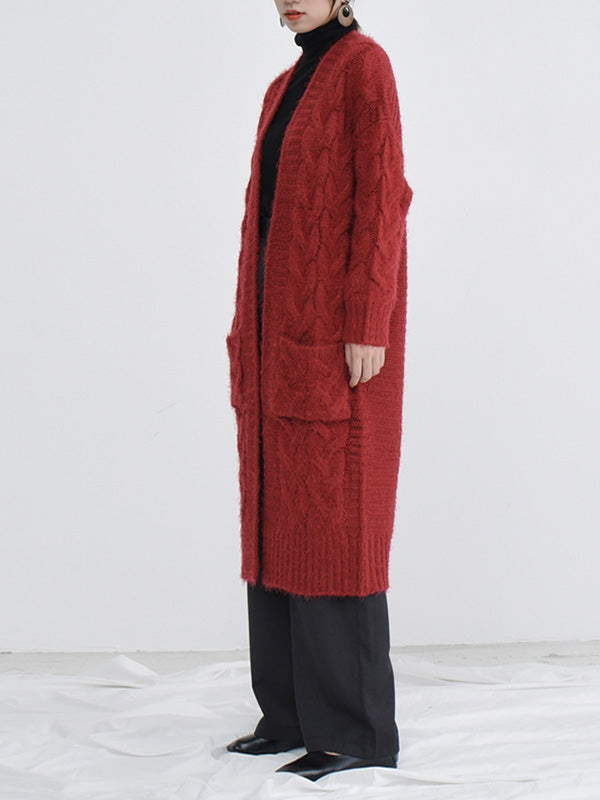 Open Front Cable Knit Fuzzy Longline Pocket Cardigan 5